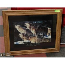 "CALL OF THE WILD" FRAMED WOLF PRINT, 34 X 28