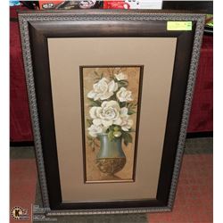 LARGE BROWN MATTED PICTURE OF WHITE FLOWERS