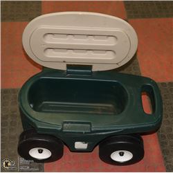 SIT-ON GARDEN CADDY WITH ROLLING WHEELS AND