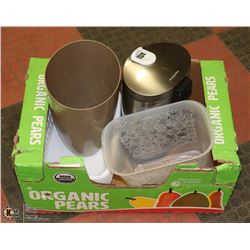 SMALL STEP ON GARBAGE CAN, 2 PLASTIC CANS & 5