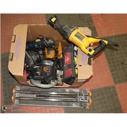 BOX OF POWER TOOLS DEWALT SAWMILL, SKILL SAW,