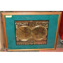 LARGE WOOD FRAMED WORLD ANTIQUE MAP