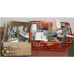 BASKET OF HARDWARE PLUS BOX OF METAL JOIST HANGERS