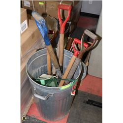 GALVANIZED GARBAGE CAN WITH ASSORTED SHOVELS