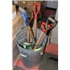 Image 1 : GALVANIZED GARBAGE CAN WITH ASSORTED SHOVELS