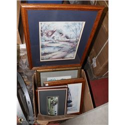BOX WITH 7 WOOD FRAMED PICTURES INCL.