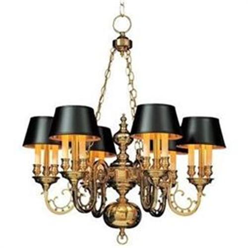 BRASS CHANDELIER WITH 6 BLACK SHADES, 18 LIGHTS 954019
