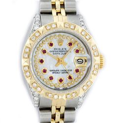 Rolex Ladies 2 Tone 14K MOP Ruby & Pyramid Diamond Datejust Wriswatch