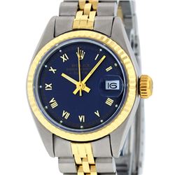 Rolex Ladies 2 Tone 14K Blue Roman Fluted Datejust Jubilee Band Wristwatch