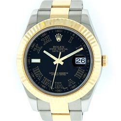 Rolex Mens Yellow Gold And Stainless Steel 41MM Black Roman Datejust 2 Wristwatc