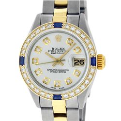 Rolex Ladies 2 Tone 18K Gold Bezel Silver Diamond & Sapphire Datejust Wriswatch