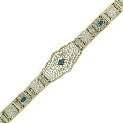 Antique Art Deco 10k White Gold 7" Wide Marquise Filigree & Sapphire Bracelet