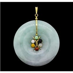 Carved Nephrite Jade Circle and Multi-Color Jade Pendant - 14KT Yellow Gold