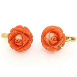 Antique 18kt Yellow Gold Carved Coral Flower Drop Earrings