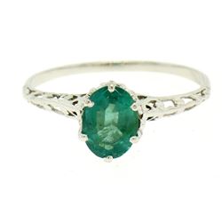 14k White Gold 1.38 ctw Prong Set Oval Cut Emerald Filigree Solitaire Ring