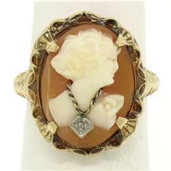 Antique Art Deco 10k Yellow Gold Filigree Shell Cameo Ring w/ Rose Cut Diamond