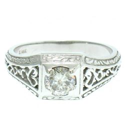 14k White Gold Etched Open Filigree Work .51 ctw Diamond Solitaire Ring