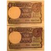 Image 1 : Lot of 2 India 1 Rupee 1989 P78A/d UNC with holes Sequential Serial 520741 to 520742
