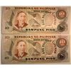 Image 1 : Lot of 2 Philippines 10 Pisos Pesos ND 1974 P 161 d (RED) AUNC Sequential Serial K697179 to K697180