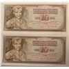Image 1 : Lot of 2 Yugoslavia 10 Dinara 1968 P 82 AUNC Sequential Serial AA7797996 to AA 7797997