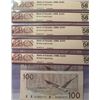 Image 1 : Lot of 5 Sequential 100 Dollar 1988 Bank of Canada  $100 Knight Dodge BC-60d BCS 58 Almost UNC Origi