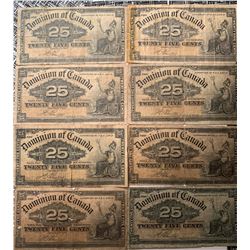 Lot of 8 Canada 25 cent 1900 Dominion of Canada 25c Shinplaster