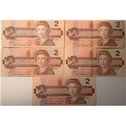 Lot of 5 Canada 2 Dollar 1986 Bank of Canada $2 Circulated