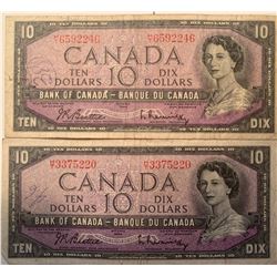 Lot of 2 Canada 10 Dollar 1954 Bank of Canada $10 Modified Portrait