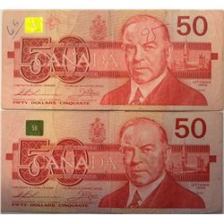 Lot of 2 Canada 50 Dollar 1988 Bank of Canada $50