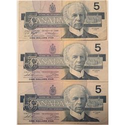 Lot of 3 Canada 5 Dollar 1986 Bank of Canada $5