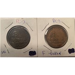 Lot of 2 Bank Token Half Penny 1852 Un Sous Province du Canada