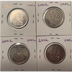 Lot of 4 Canada 50 Cent 2002 Uncirculated Half Dollar Bank of Canada
