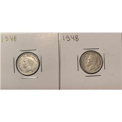 Lot of 2 Canada LOW MINTAGE 10 Cent Silver 1948 Bank of Canada Dime 10c