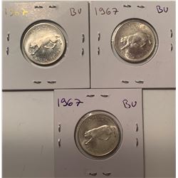 Lot of 3 Canada 25 Cent Silver 1967 BU Quarter Bank of Canada BU