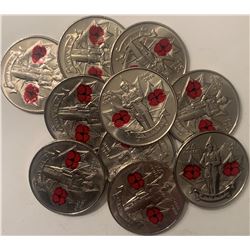 Lot of 10 Canada 2010 25 Cent Colour Poppy Quarter