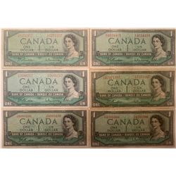 Lot of 6 Canada 1 Dollar 1954 Bank of Canada $1 Modified Portrait