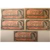 Image 1 : Lot of 5 Canada 2 Dollars 1954 Bank of Canada $2 Circulated Modified Portrait