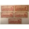Image 2 : Lot of 5 Canada 2 Dollars 1954 Bank of Canada $2 Circulated Modified Portrait