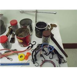 asst'd nails, bungee cords, load binders, oil spout, funnel, wheel wrench