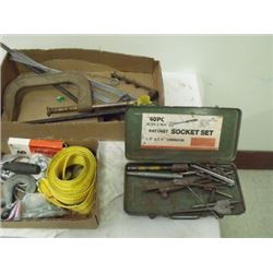 asst'd nails, tow strap, clevis, hook, drill bits, 8" clamp, etc