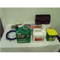5-w-20 oil, brake fluid, electric razor, 7 1/4" saw blades (3), clothesline pulleys & line, Miracle