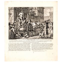 c 1774 Engraving of Boston Tarring + Feathering of JOHN MALCOM, January 25, 1774