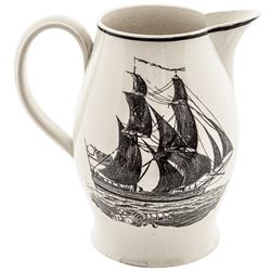 c 1790 Historic Liverpool Creamware Pitcher, Ship Flying a Circular 13-Star Flag