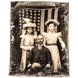 c. 1890 Tintype of a Father & two Daughters in front of a 42-Star American Flag