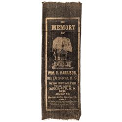 1841 WILLIAM HENRY HARRISON Uncommon Memorial Silk Ribbon Gold Print Black Silk