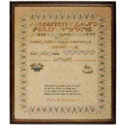 c. 1870 Large 25” x 22” Sampler, Signed by Mary E. Flower Choice Extremely Fine
