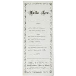 c. 1870 San Francisco Lyric Song Sheet: LOTTA LEE, by Bell + Co.