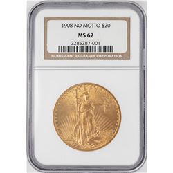 1908 No Motto $20 St. Gaudens Double Eagle Gold Coin NGC MS62