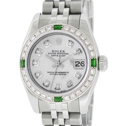 Rolex Ladies Stainless Steel Quickset MOP Diamond & Emerald Datejust With Rolex Box