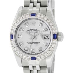 Rolex Ladies Stainless Steel Quickset Diamond & Sapphire Datejust Wristwatch With Box
